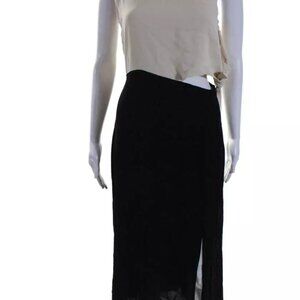 Mirae Womens Off Shoulder Cutout Colorblock Slit Midi Dress Cream Black Size 36